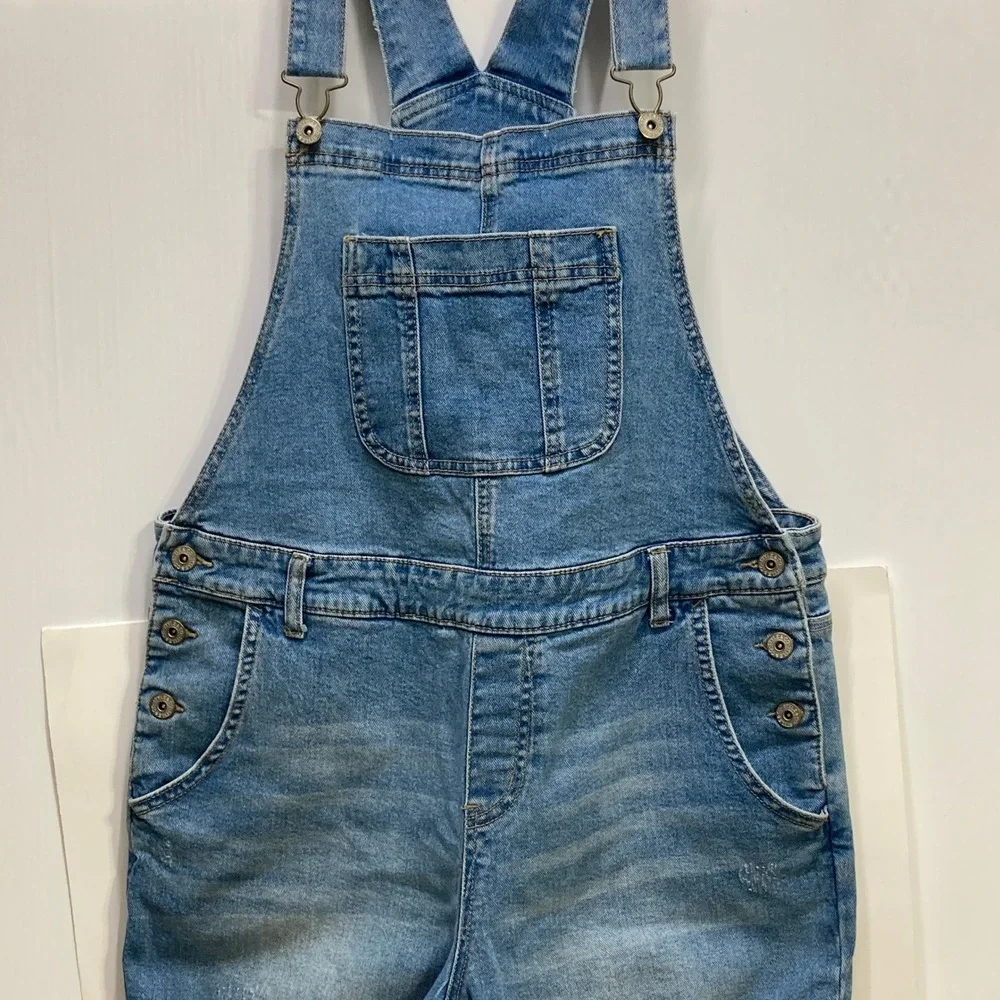 Style & Co Womens Medium Wash Distressed Denim Overalls‎ Skinny Leg Size M Blue